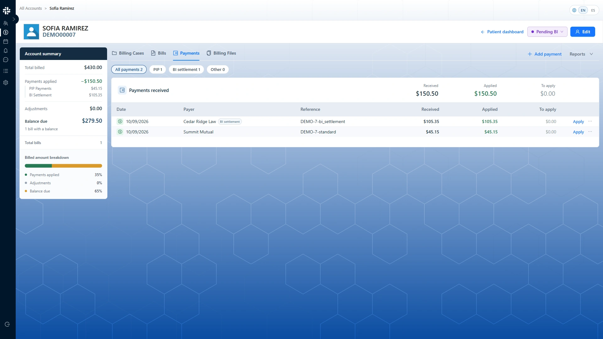 Zen Medical account summary with PIP and BI settlement payment records using fictional demonstration amounts.