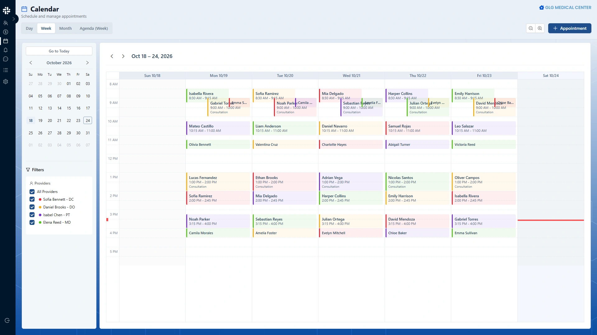 Calendario semanal actualizado de Zen Medical con citas de demostración por colores, vistas diaria, semanal, mensual y de agenda, y filtros de proveedores.