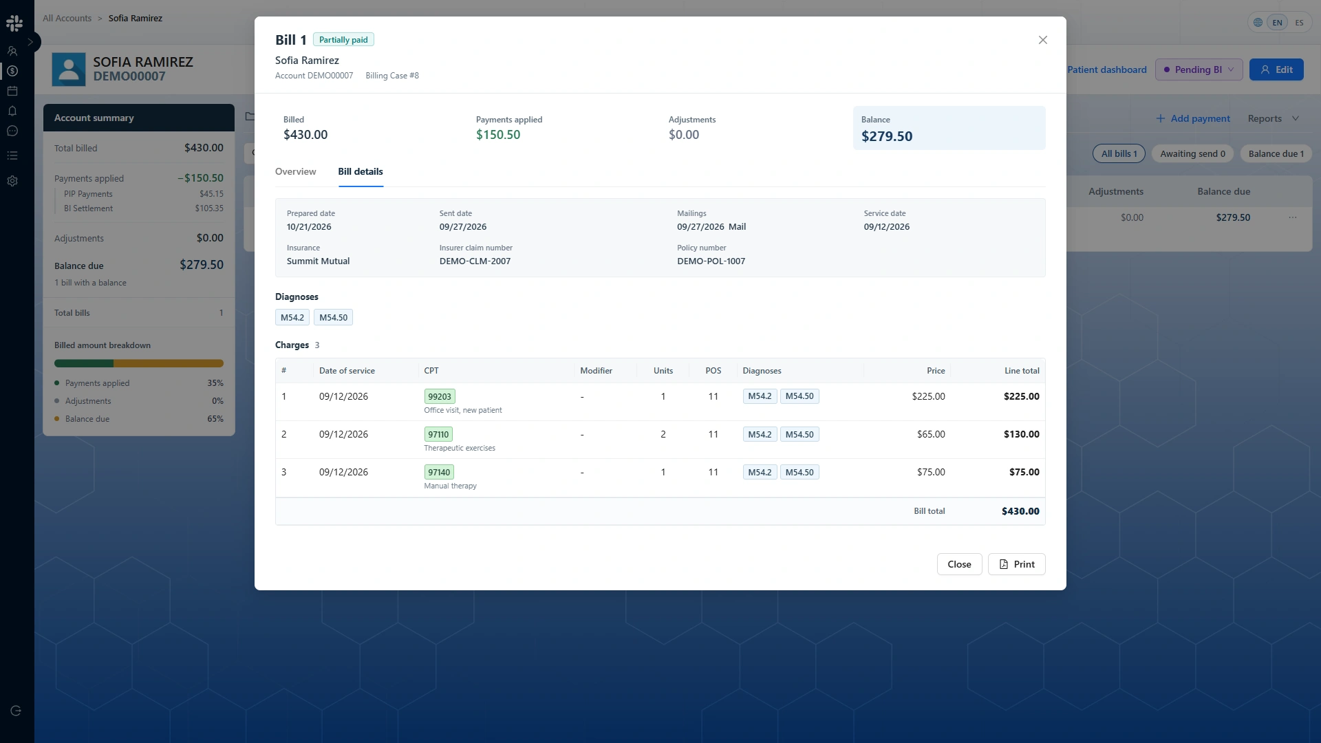 Zen Medical bill details showing charges, diagnoses, insurance context, payments, and balance for a fictional demonstration account.