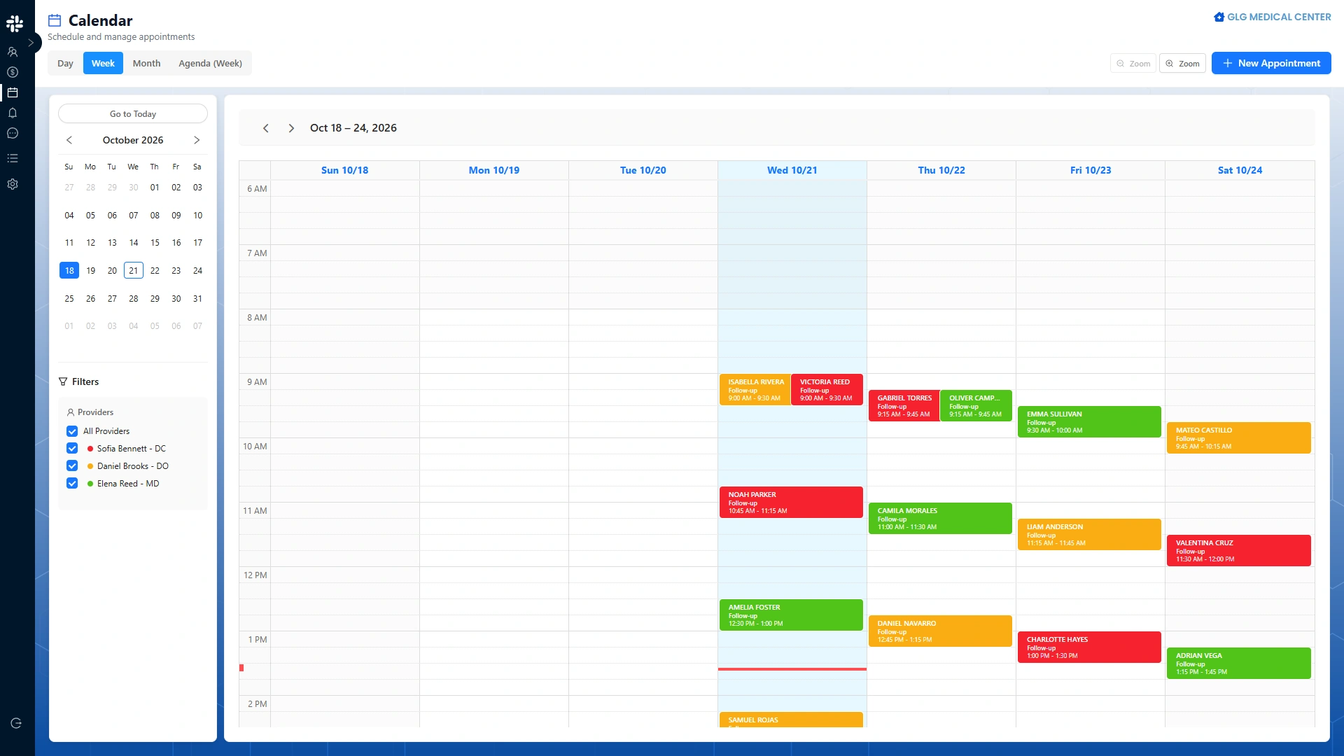 Zen Medical weekly calendar showing scheduled demonstration appointments and provider filters.