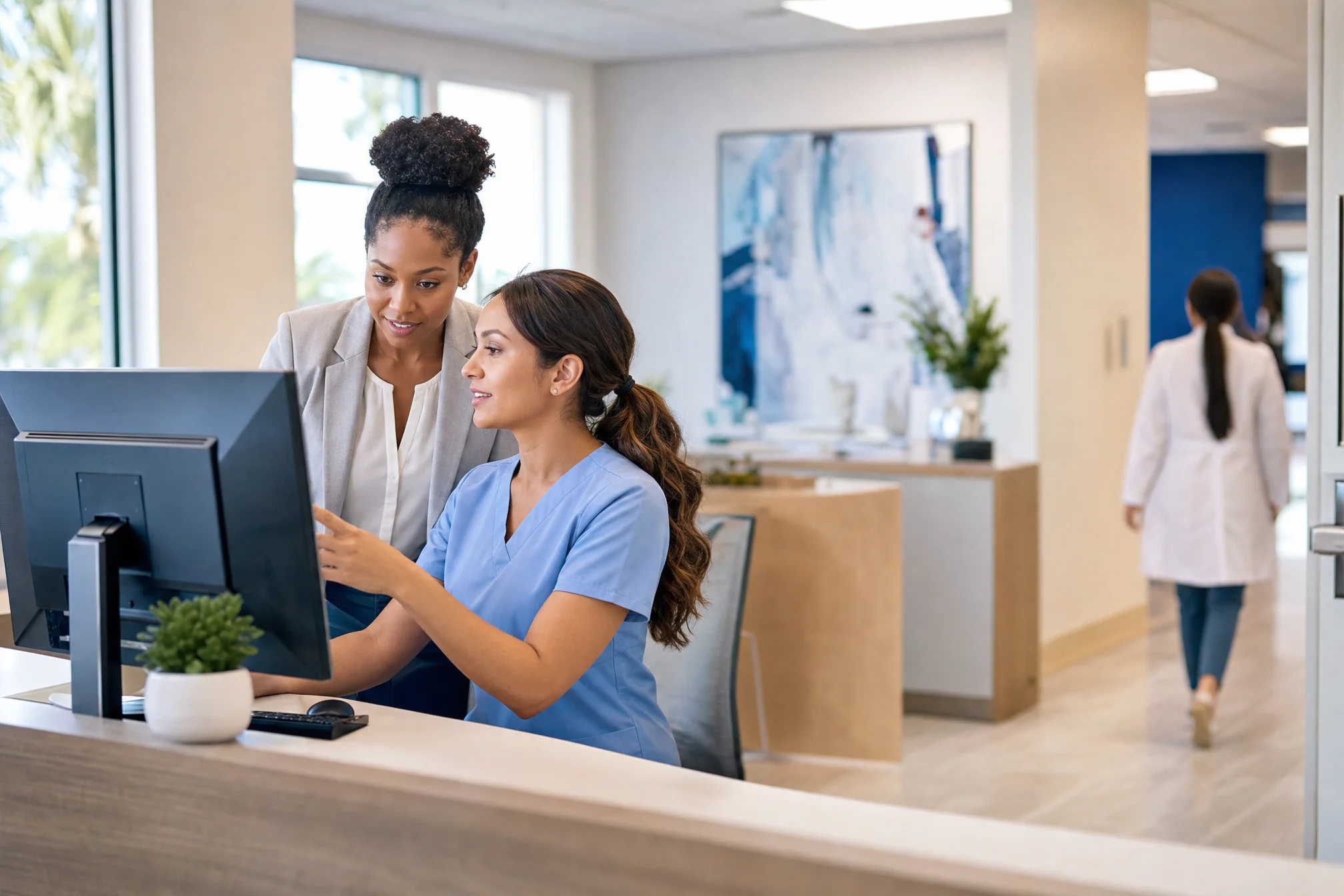 Illustrative scene of clinic colleagues coordinating work at the front desk, with a treatment corridor behind them.