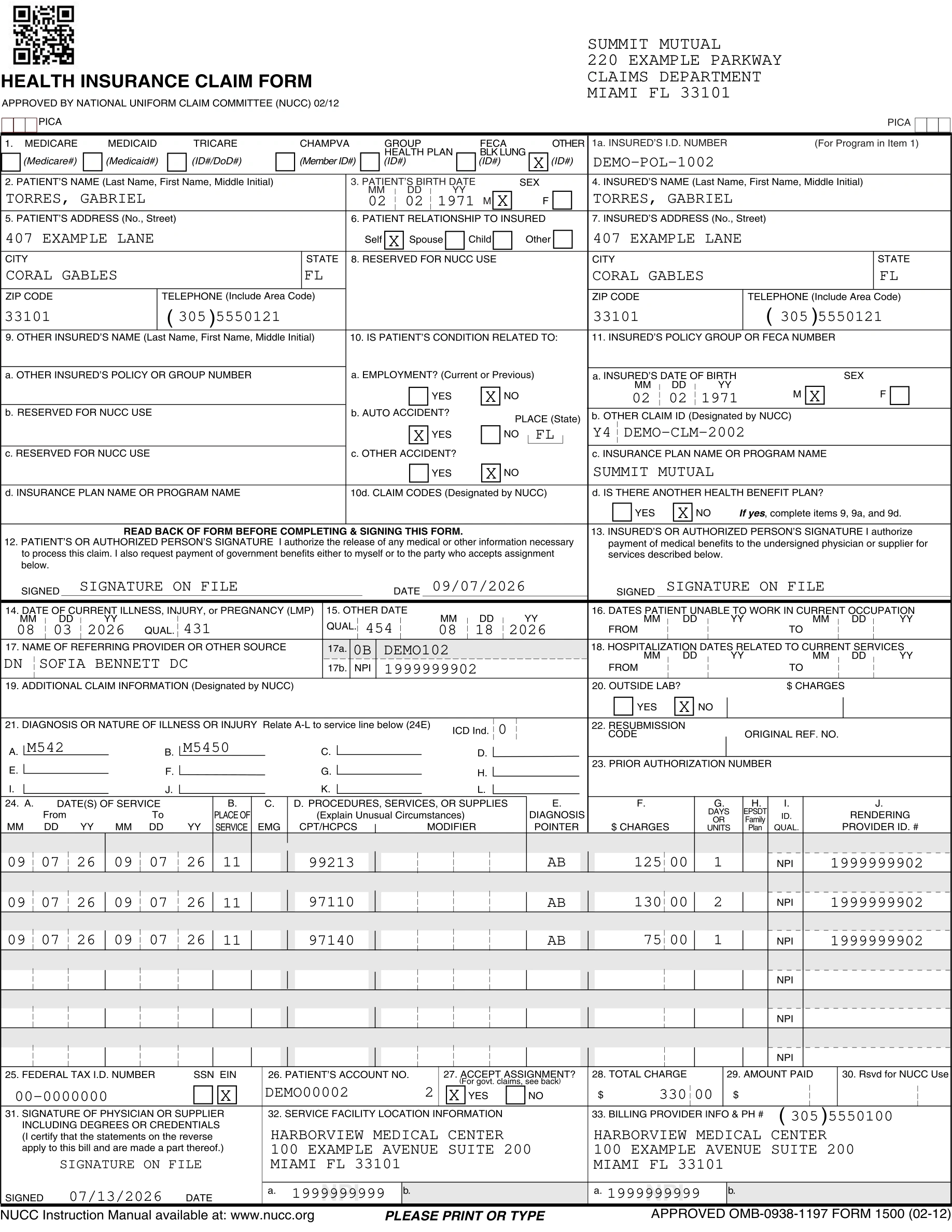 Completed CMS-1500 health insurance claim form with demonstration patient and insurance information, diagnoses, service lines, charges, and provider details.