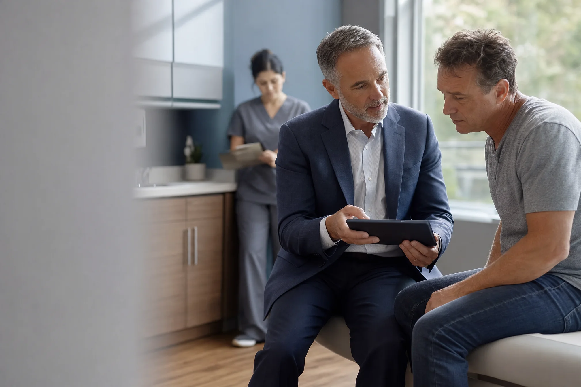 Illustrative scene of a clinician and patient reviewing information on a tablet in a consultation room.